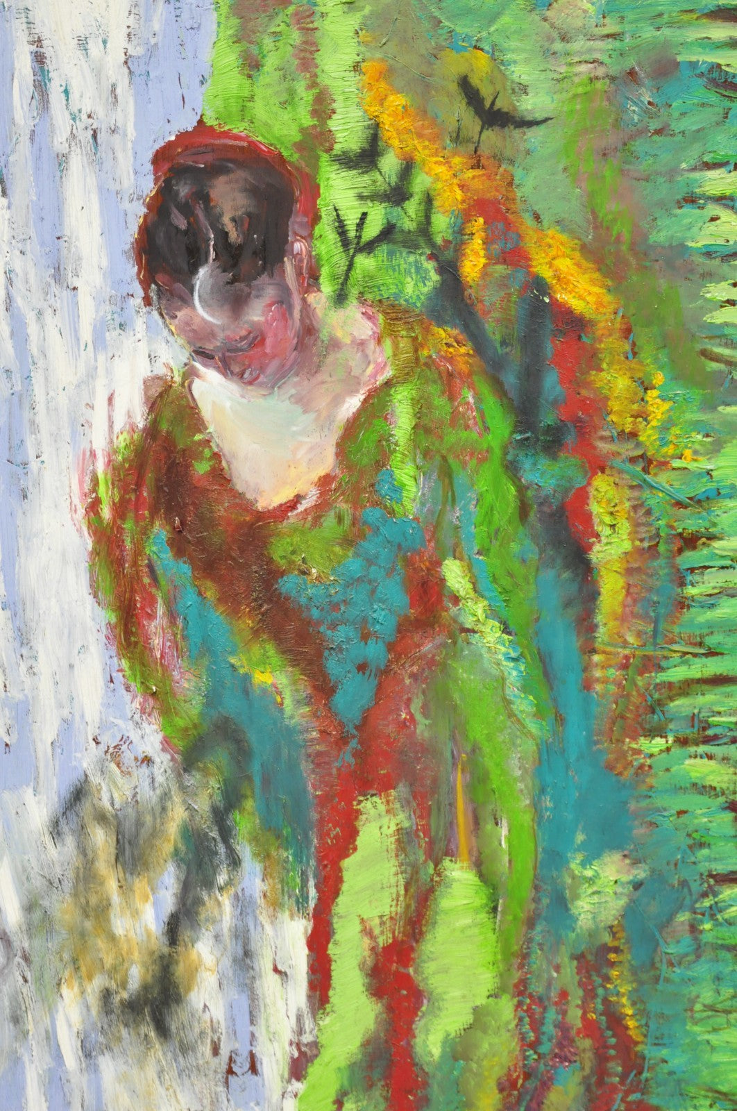 Large Impressionist Style Young Woman in Field Oil on Wood Board Framed Painting