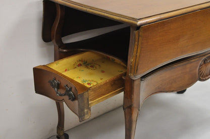 Vintage French Country Style Cherry Wood 2 Drawer Drop Leaf Rolling Serving Cart