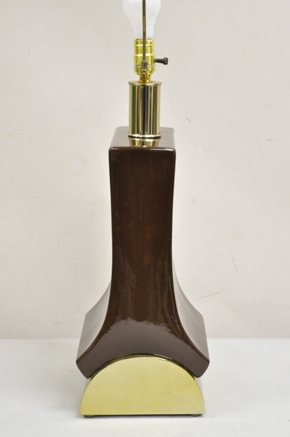 Vintage Laurel Mid Century Modernist Chocolate Brown Ceramic & Brass Table Lamp