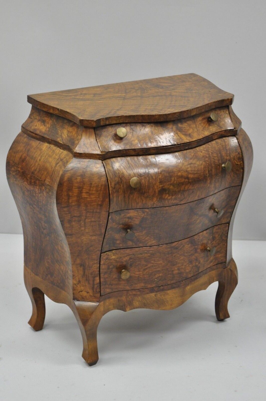 Small Italian Jewelry Chest Burl Olive Wood French Louis XV Style Bombe Commode