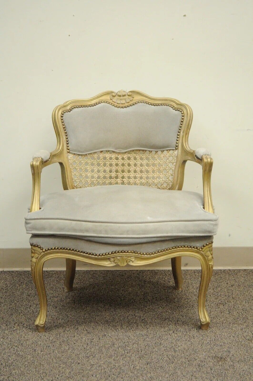 Fratelli Boffi French Louis XV Style Gold Gray Suede Cane Bergere Arm Chair