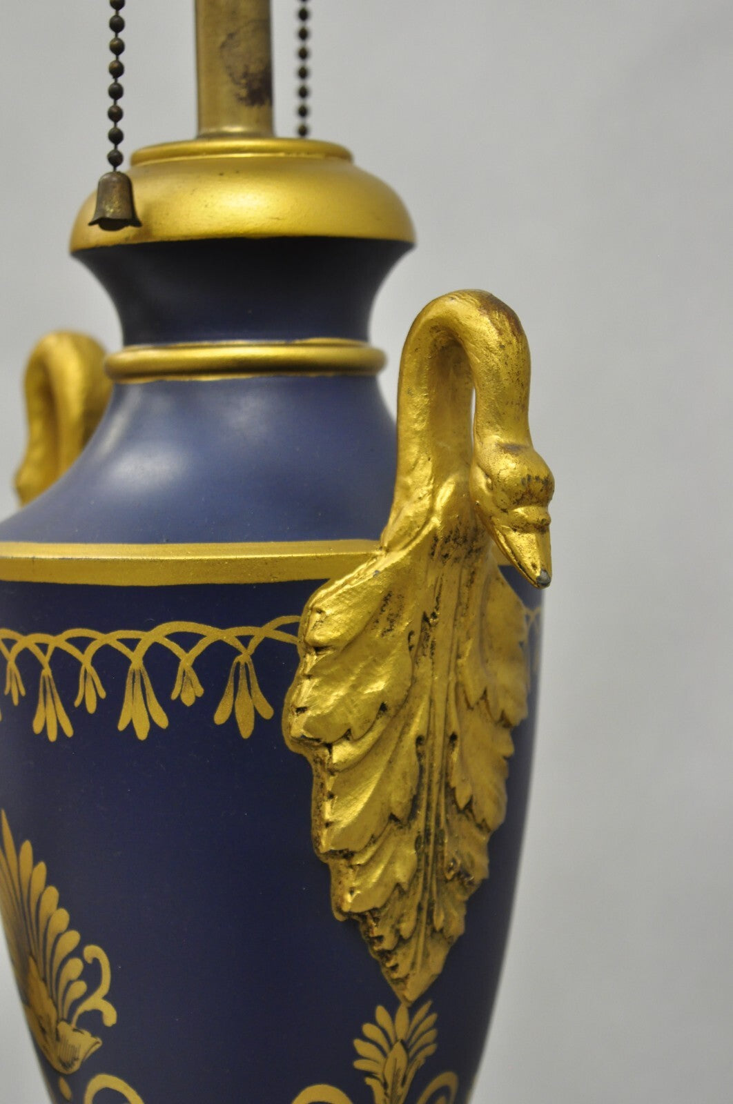 Vintage French Empire Blue Tole Metal Gold Swan Painted Urn Form Table Lamp