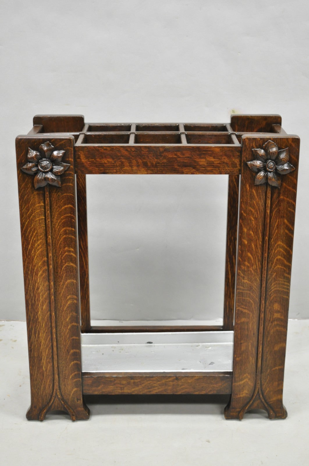 Antique Arts & Crafts Oak Wood Relief Carved Flower Umbrella Stand by MI Chair