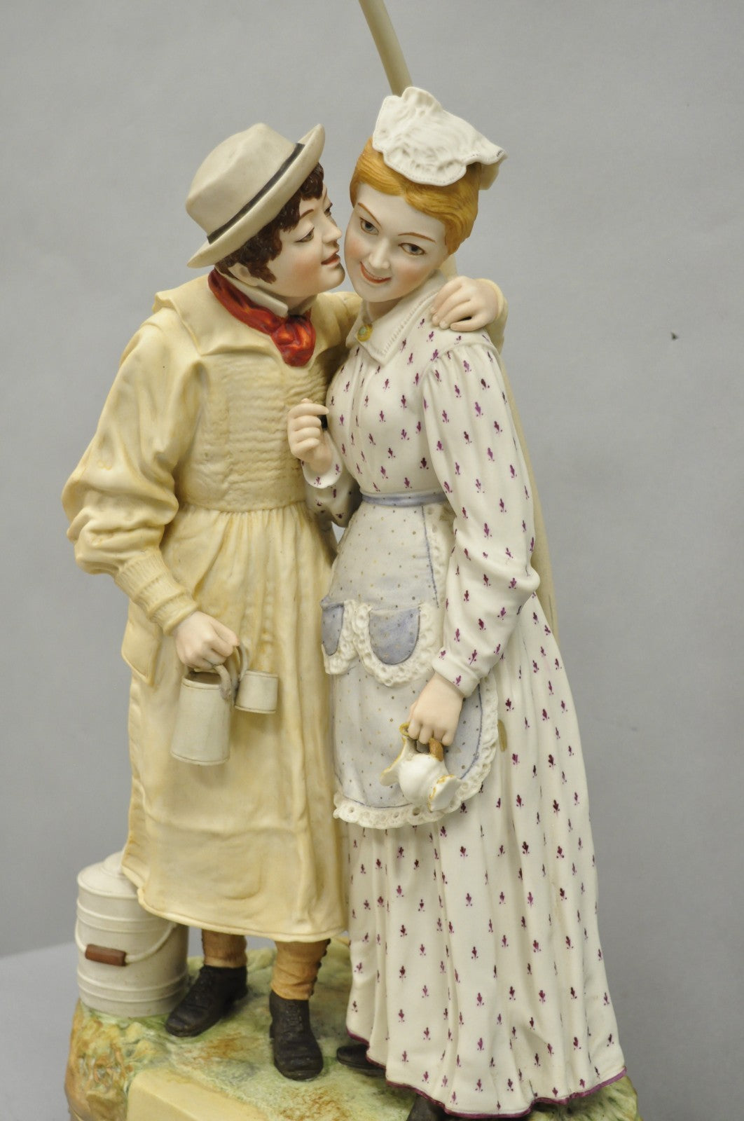 Antique Large Victorian Bisque "Taking The Cream" Porcelain Figure Table Lamp