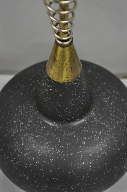 Vintage Mid Century Modern Black Bulbous Ceramic Pottery Table Lamp w/ Spring