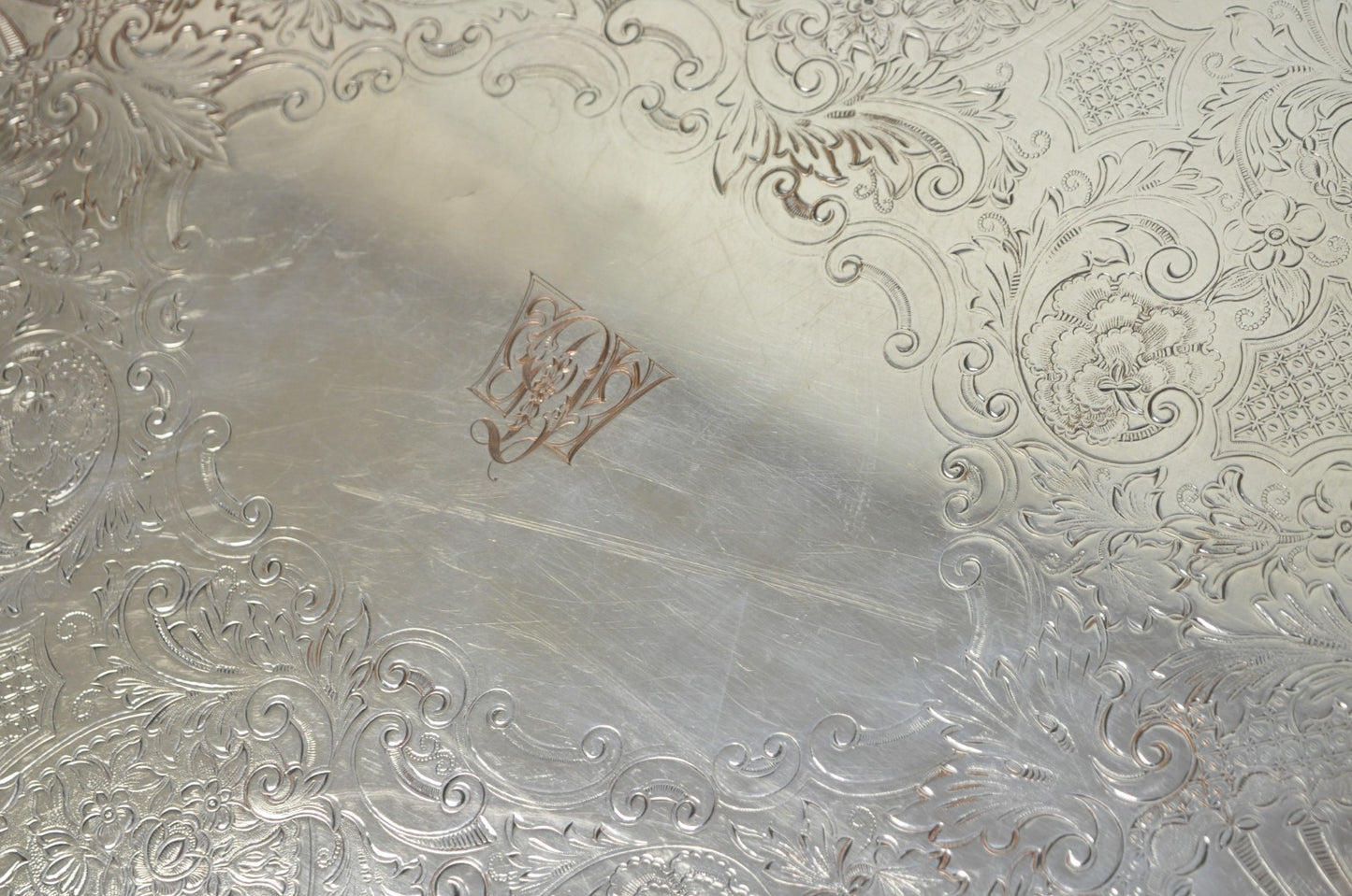 Antique Barker Ellis Victorian Silver Plated Serving Platter Bar Tray Engraved