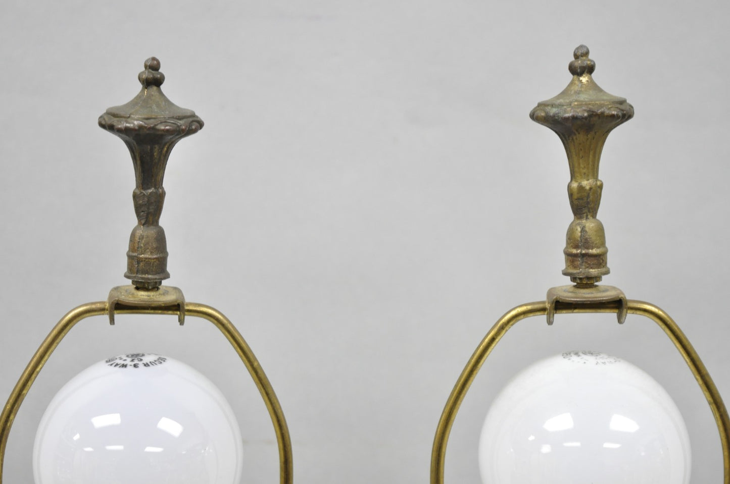 Vintage French Renaissance Brass Cherub Putti Column Cream Glass Table Lamp Pair