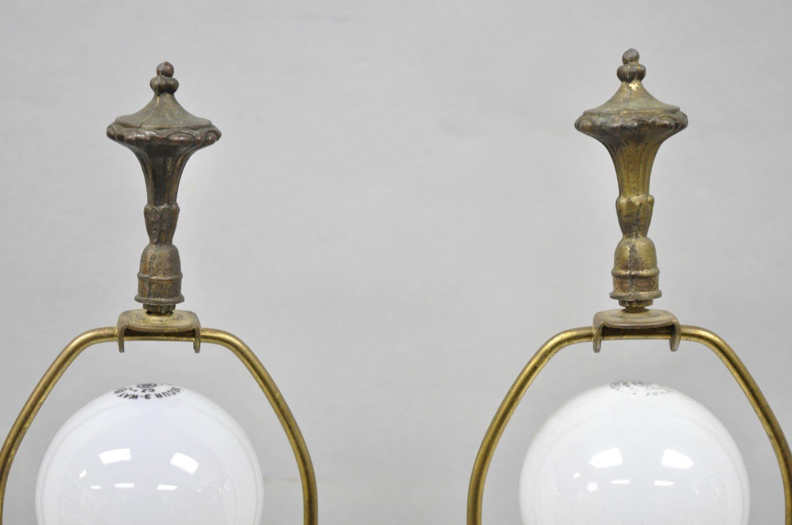 Vintage French Renaissance Brass Cherub Putti Column Cream Glass Table Lamp Pair