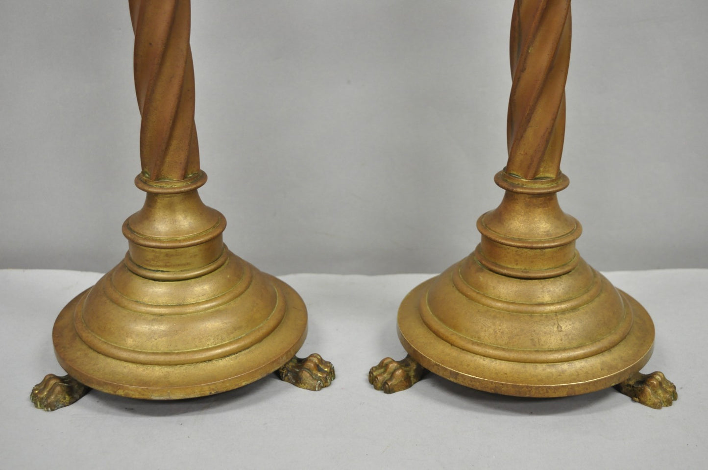 Antique English Renaissance Gothic Patinated Brass Candlestick Table Lamps Pair