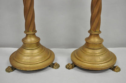 Antique English Renaissance Gothic Patinated Brass Candlestick Table Lamps Pair