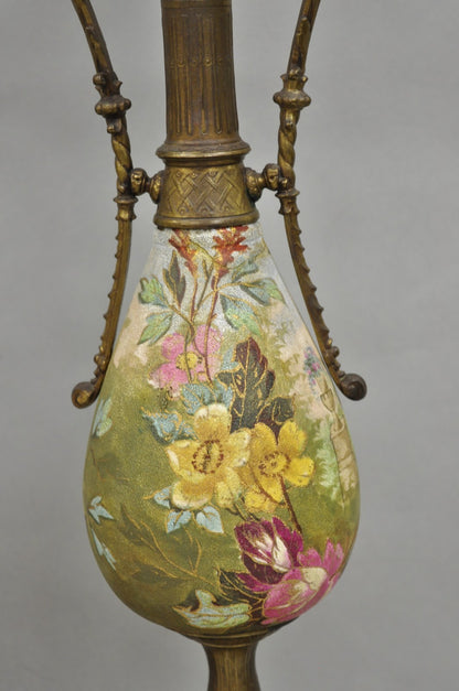 Antique Victorian Brass and Porcelain Urn Hand Painted Flower Table Lamps a Pair