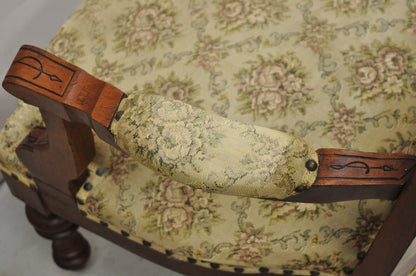 Antique Victorian Carved Walnut Tapestry Upholstered Parlor Lounge Arm Chair