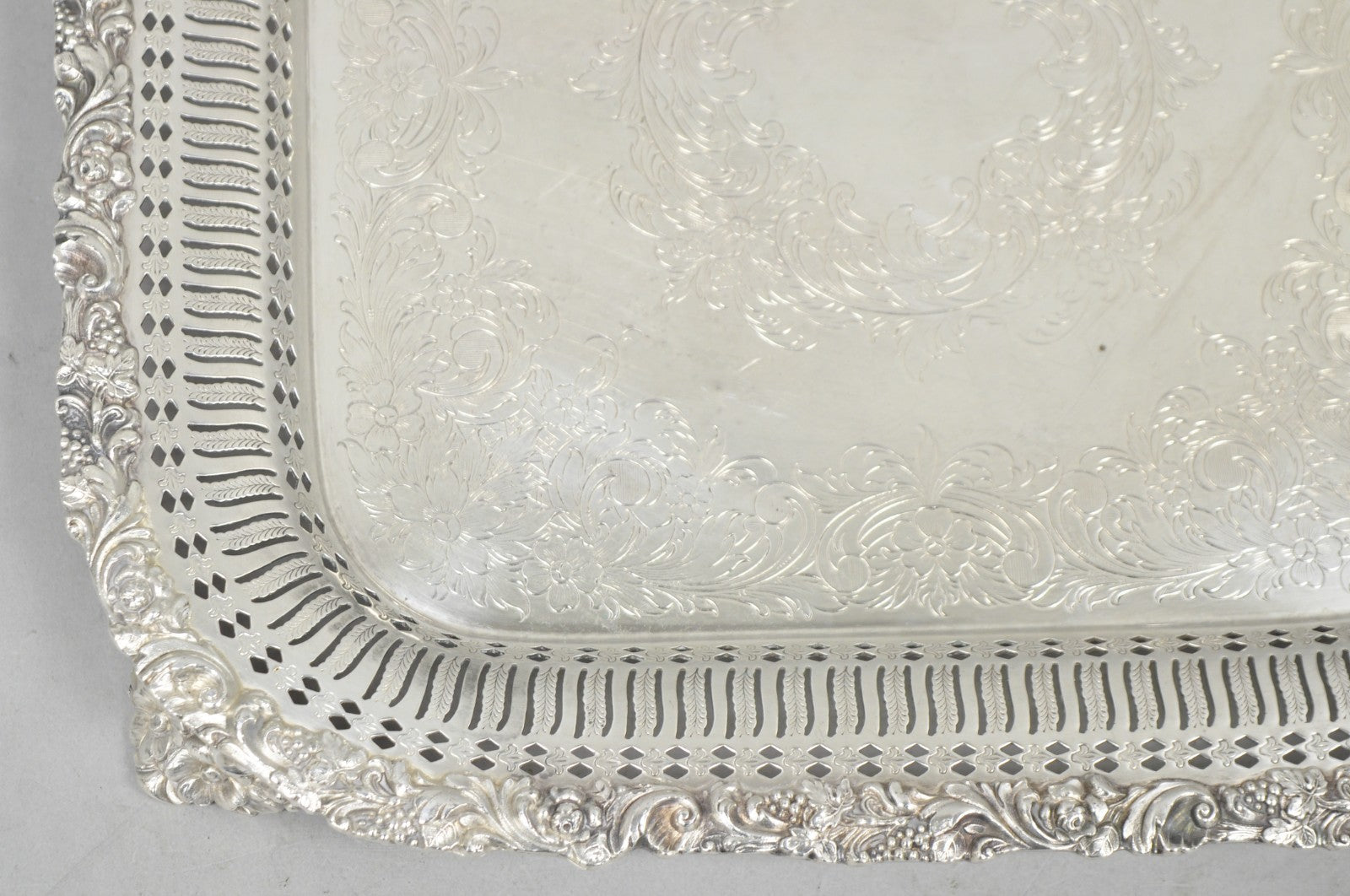 Vintage International Silver Victorian Repousse Pierced Gallery Square Bar Tray