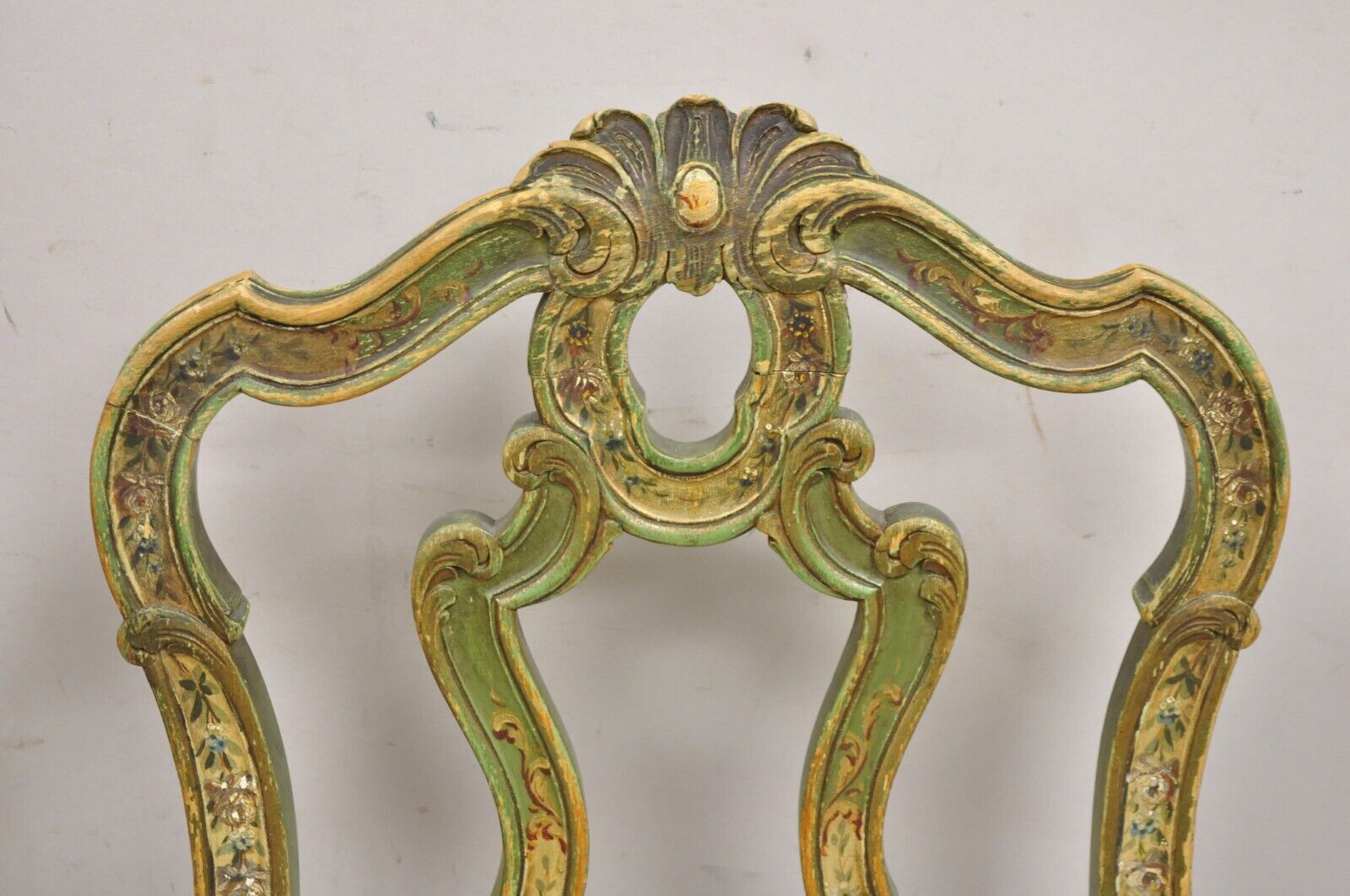 Antique Italian Venetian Green Floral Hand Painted Dining Side Chairs - Set of 4