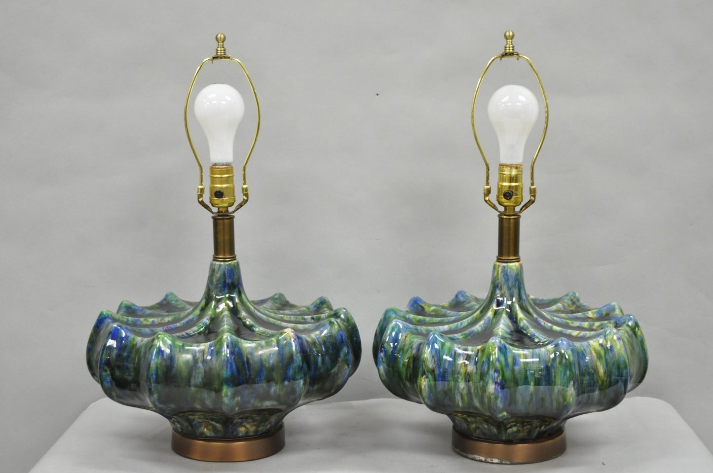 Vintage Mid Century Modern Blue Green Ceramic Table Lamps by Modernera - a Pair