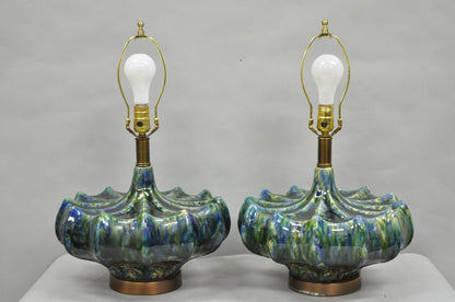 Vintage Mid Century Modern Blue Green Ceramic Table Lamps by Modernera - a Pair