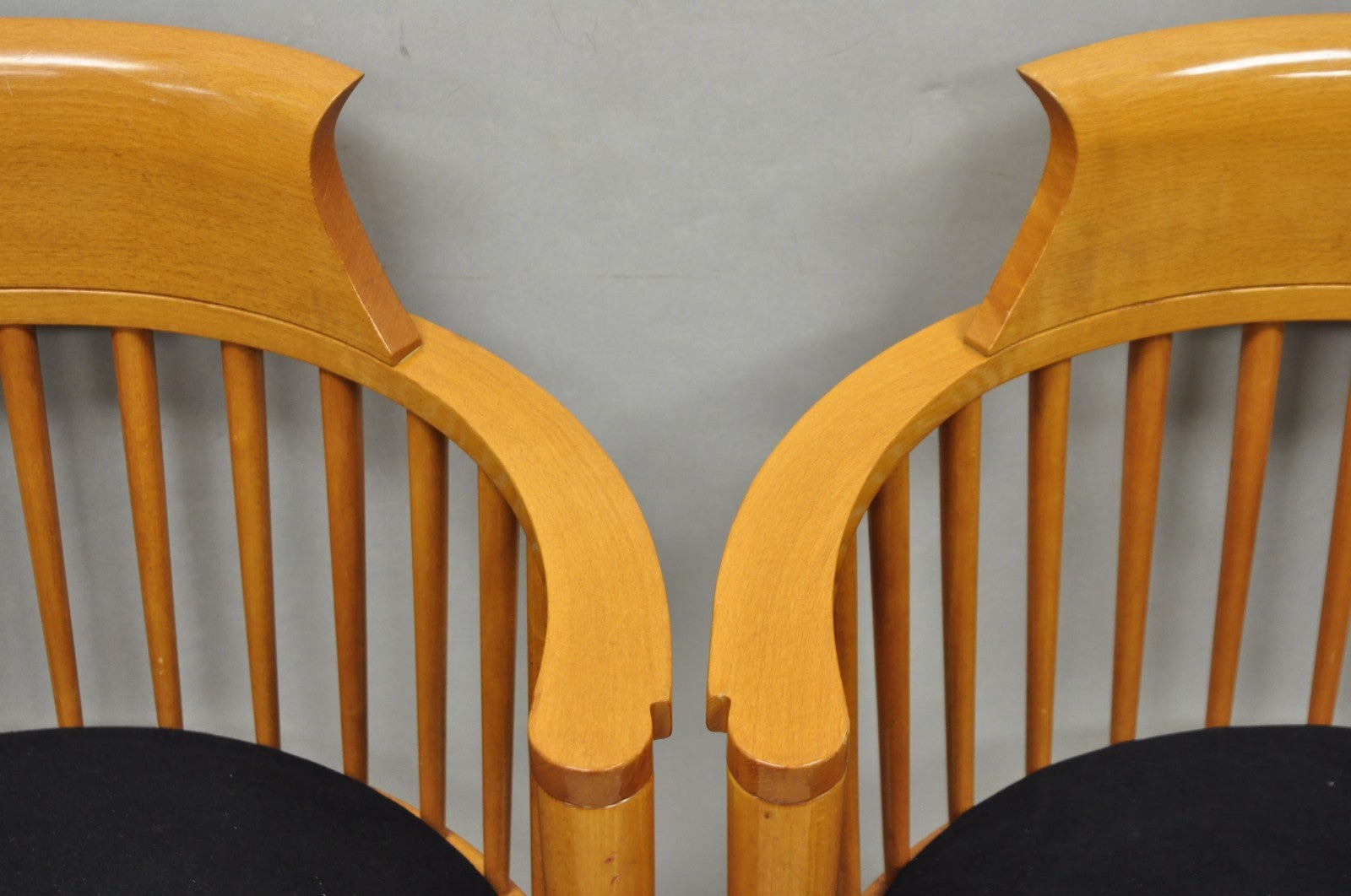 Vintage Postmodern Maple Wood Spindle Barrel Back Lounge Arm Chairs - a Pair