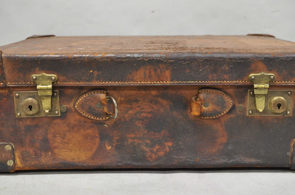Antique Distressed Brown Leather English Art Deco 24" Suitcase Bag