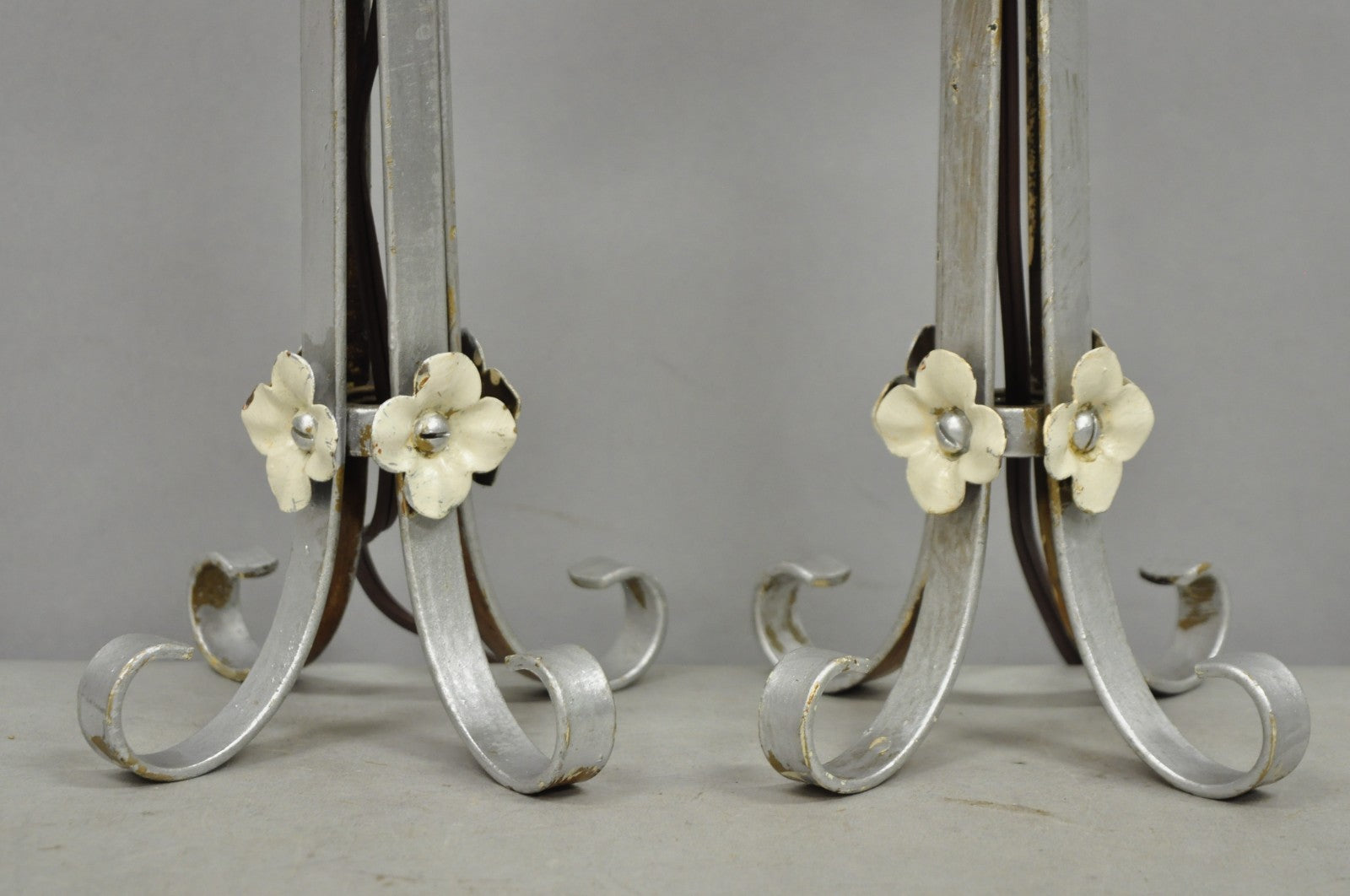 Antique Art Nouveau Wrought Iron Silver Painted Petite Boudoir Table Lamps, Pair