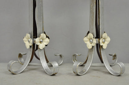 Antique Art Nouveau Wrought Iron Silver Painted Petite Boudoir Table Lamps, Pair