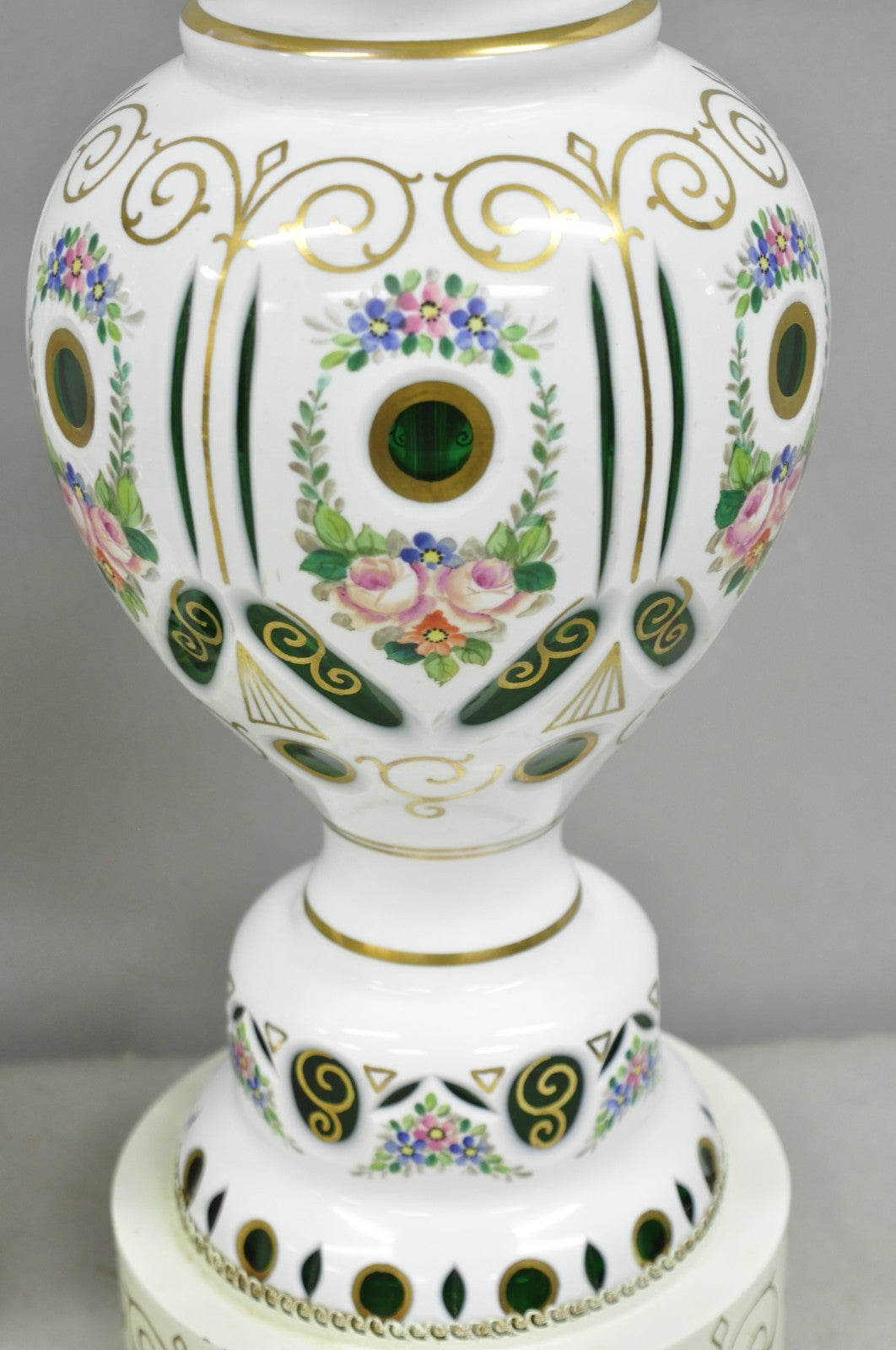 Antique Bohemian Czech Glass Green and White Flower Painted Table Lamps - a Pair