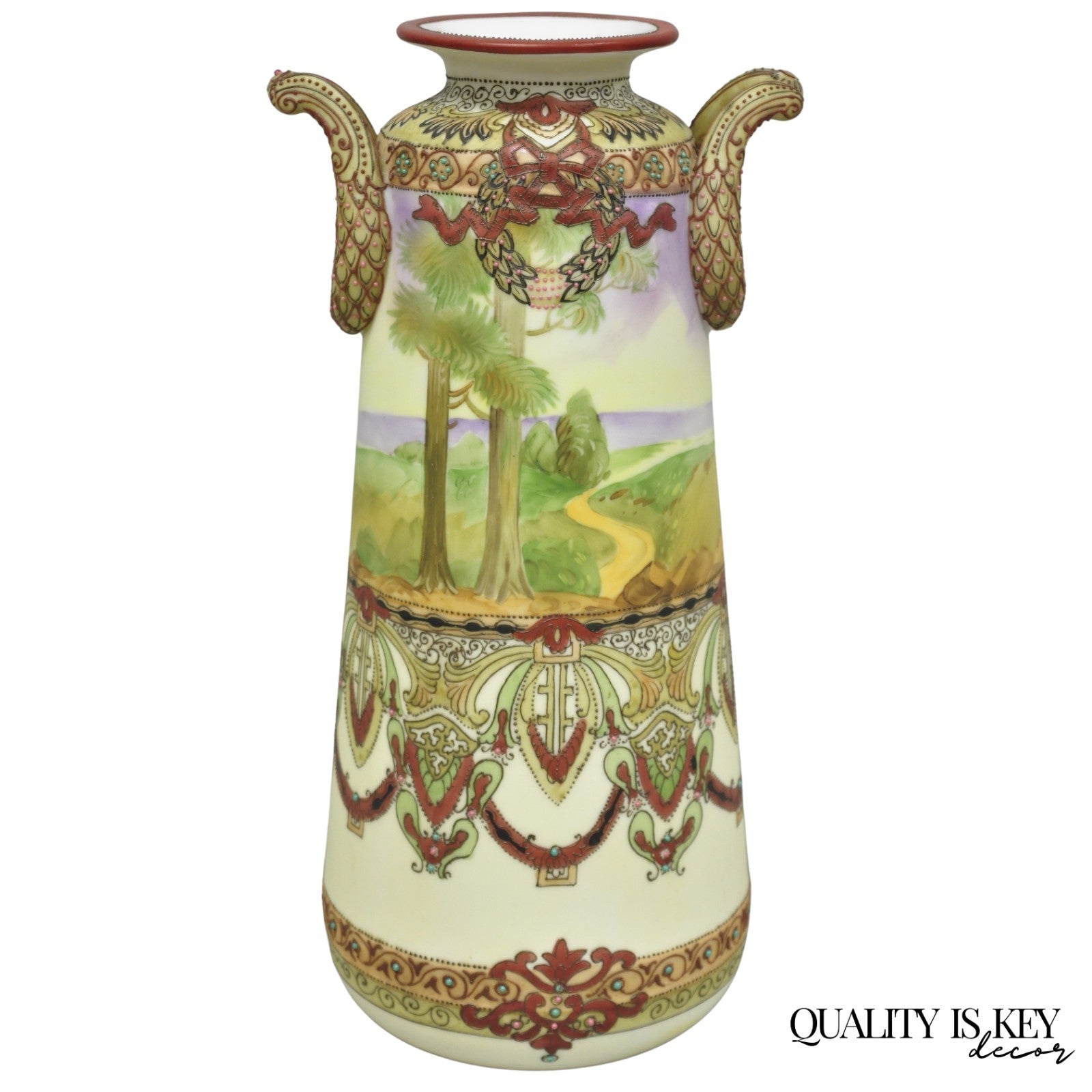 Antique Nippon Hand Painted Porcelain Countryside Moriage Tall Twin Handle Vase
