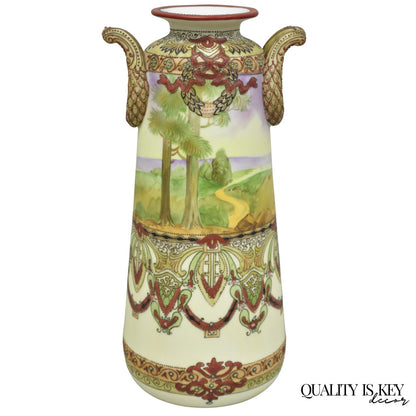 Antique Nippon Hand Painted Porcelain Countryside Moriage Tall Twin Handle Vase