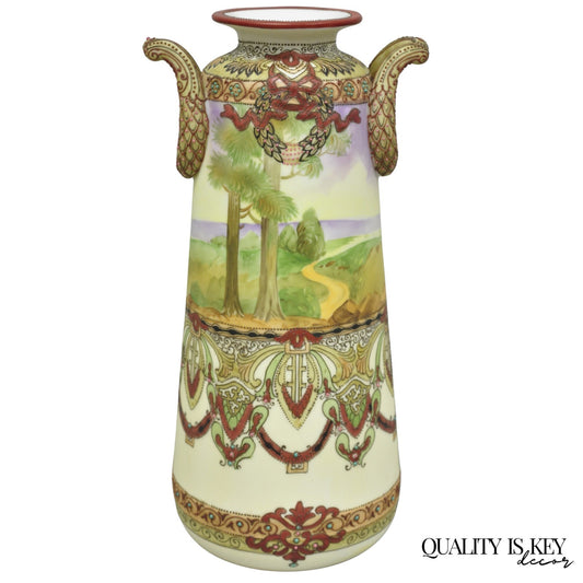 Antique Nippon Hand Painted Porcelain Countryside Moriage Tall Twin Handle Vase