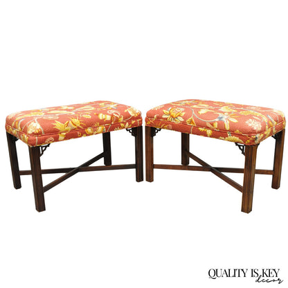Vintage Chinese Chippendale Style Carved Mahogany Fretwork Bench Stool - Pair