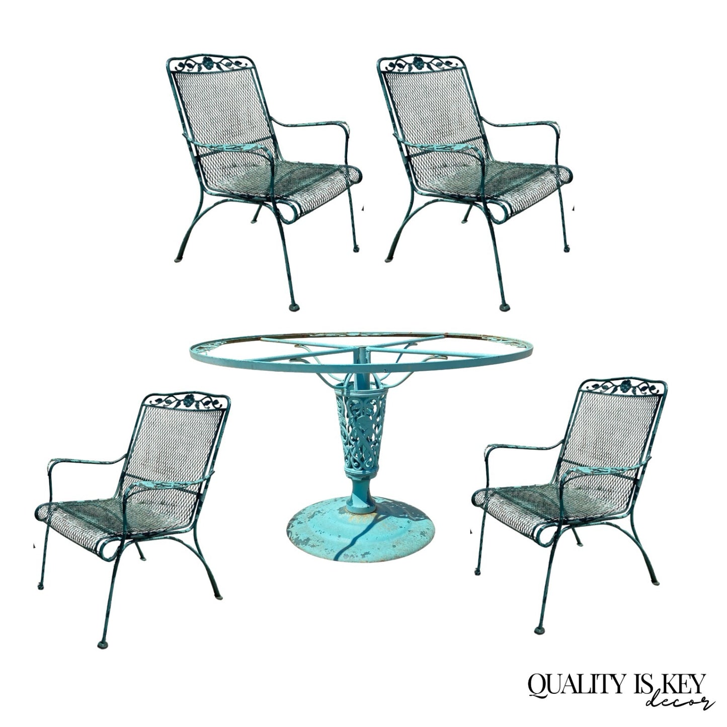 Vintage Woodard Wrought Iron Patio Dining Set w/ Round Pedestal Base Table 5 Pcs