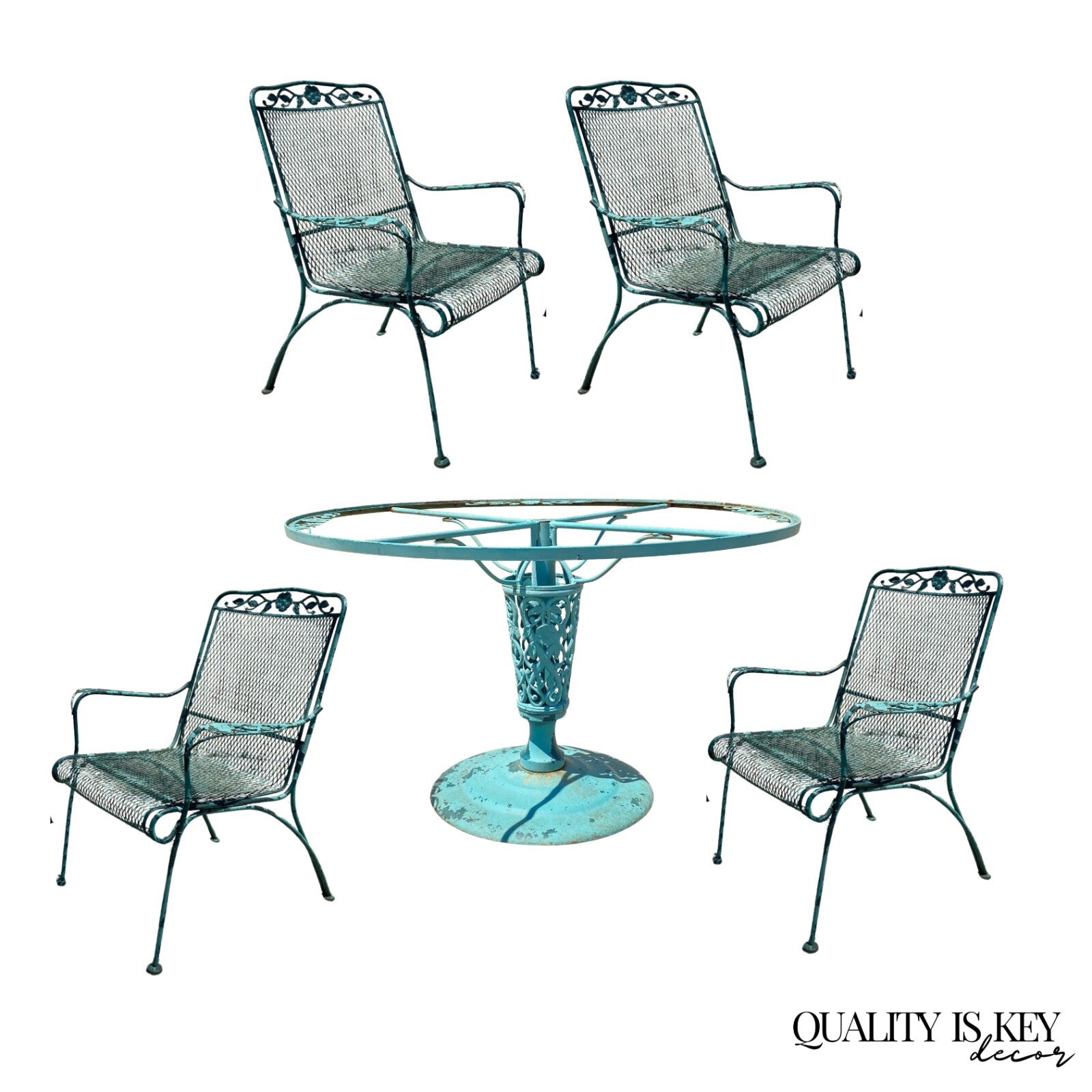 Vintage Woodard Wrought Iron Patio Dining Set w/ Round Pedestal Base Table 5 Pcs