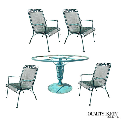 Vintage Woodard Wrought Iron Patio Dining Set w/ Round Pedestal Base Table 5 Pcs