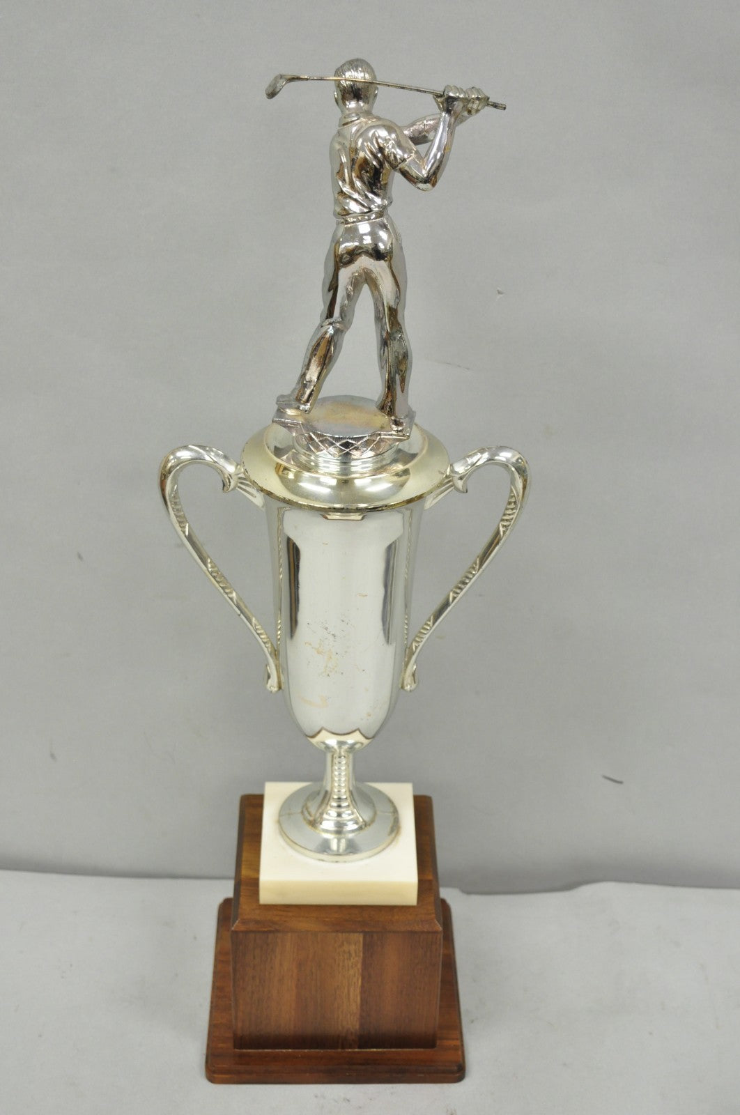 Vintage 1970s Art Deco Silver Metal Marble & Wood Figural Golf Trophy Award Cup