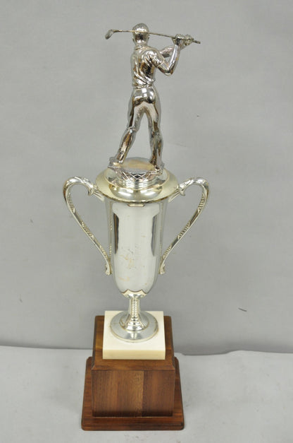 Vintage 1970s Art Deco Silver Metal Marble & Wood Figural Golf Trophy Award Cup