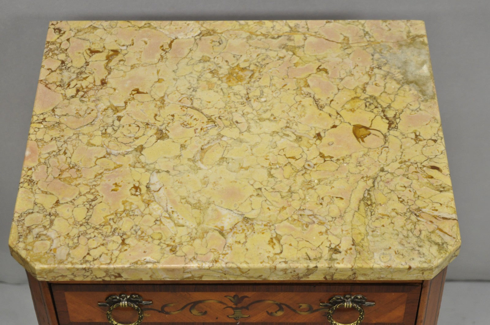 Antique French Louis XV Satinwood Marble Top Painted Nightstand Bedside Table