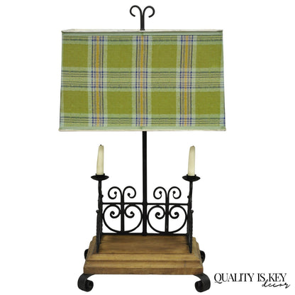 Vintage French Country Gothic Renaissance Scrolling Wrought Iron Wood Table Lamp