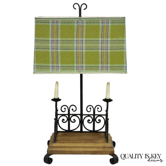 Vintage French Country Gothic Renaissance Scrolling Wrought Iron Wood Table Lamp