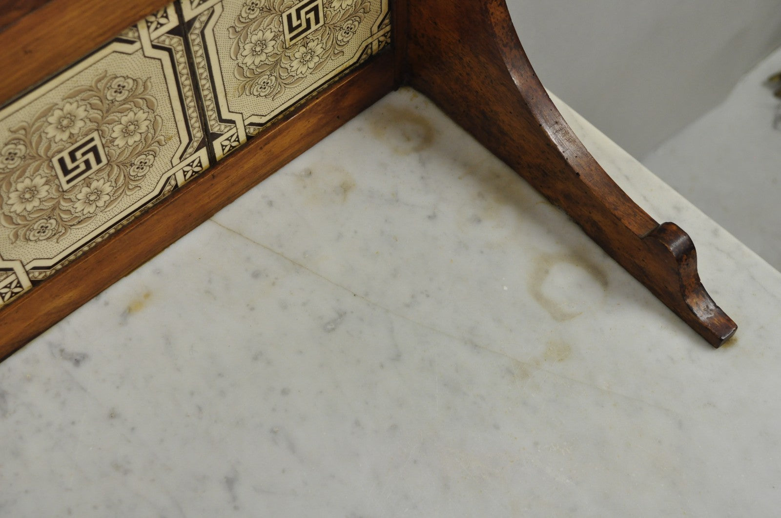 Antique Victorian Walnut Marble Top Washstand Good Luck Swastika Tile Backsplash