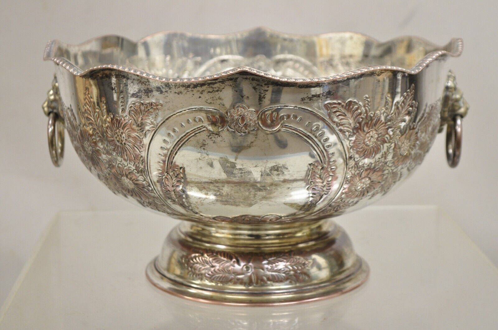 Antique English Regency Victorian Floral Repousse Lion Punch Bowl Ice Bucket