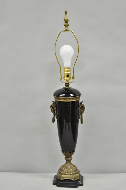 Vintage French Neoclassical Black Porcelain Urn Form Table Lamp w/Bronze Rams