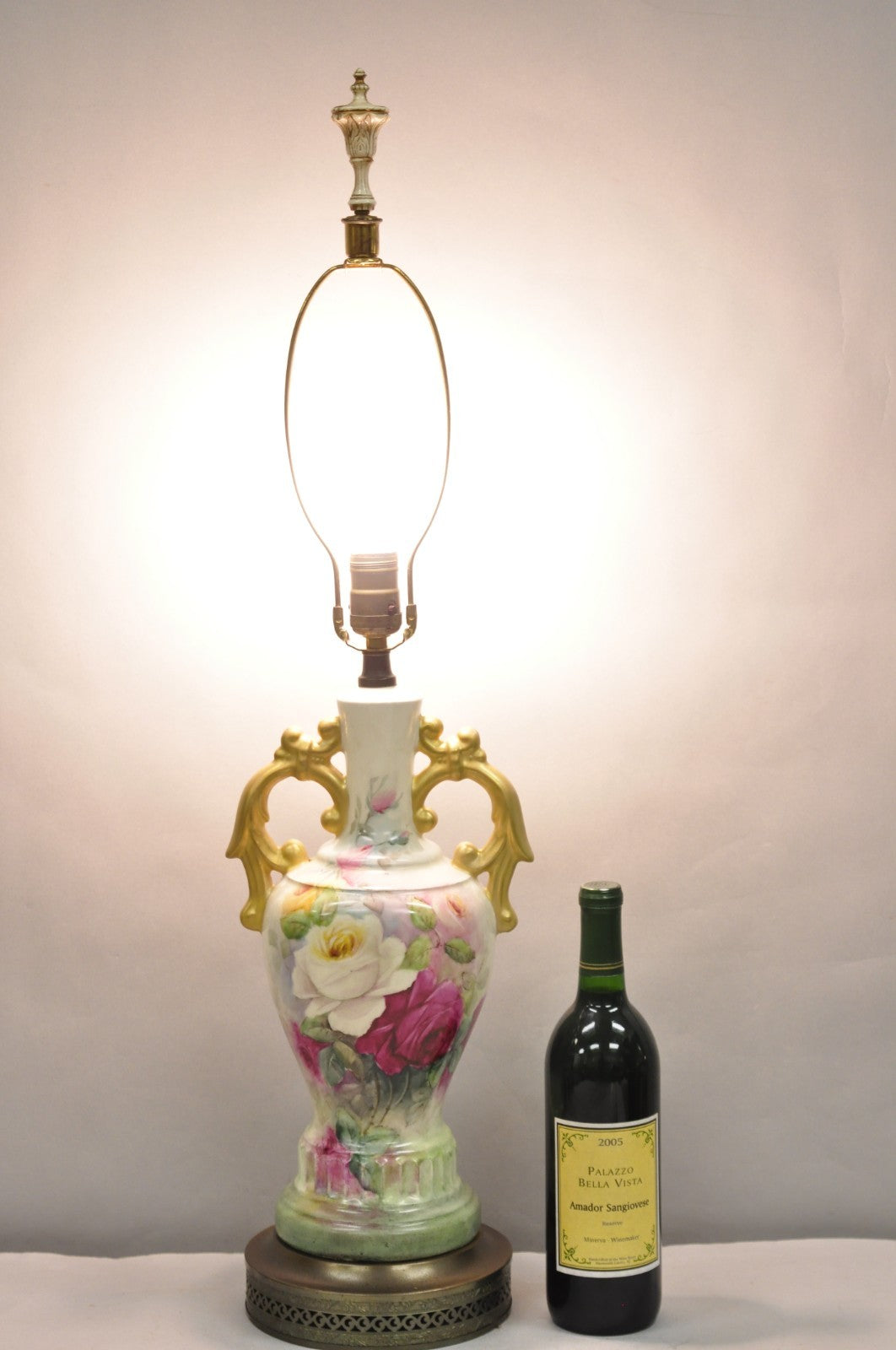 Antique Victorian French Porcelain Hand Painted Flower Vase Form Table Lamp
