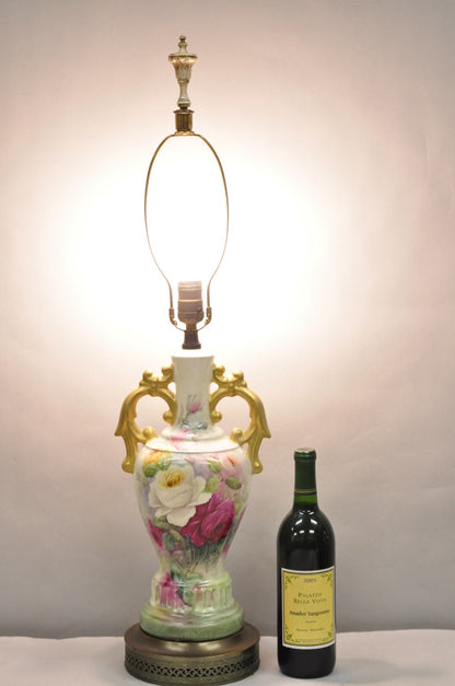 Antique Victorian French Porcelain Hand Painted Flower Vase Form Table Lamp