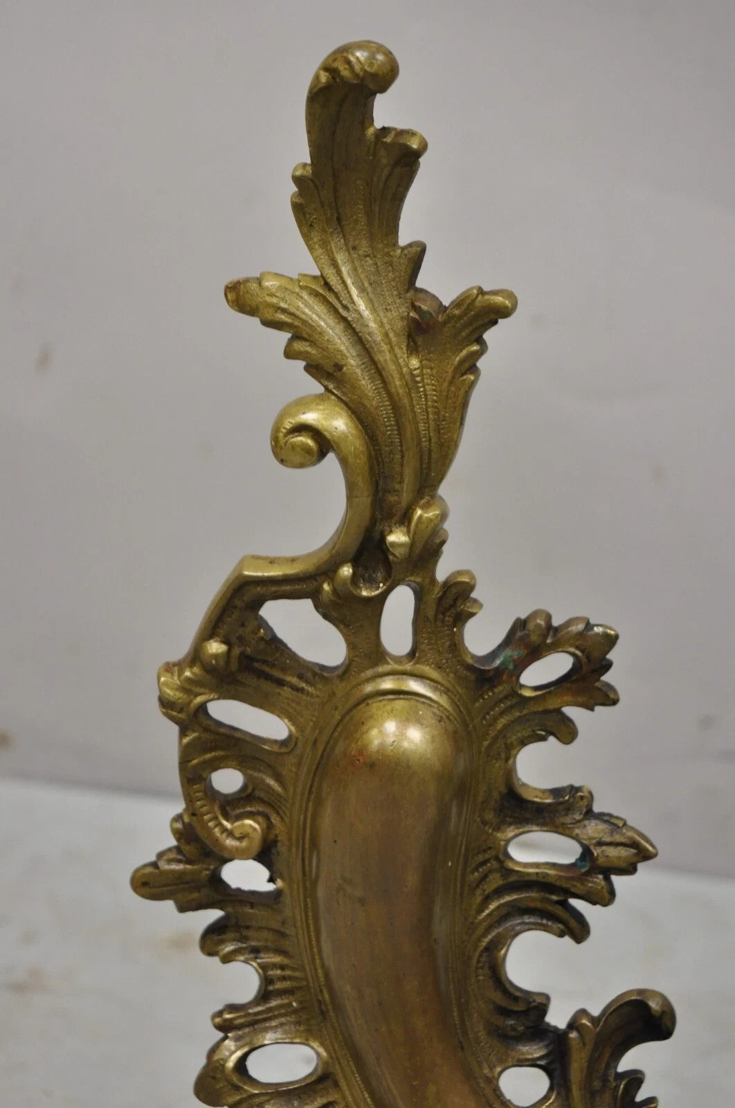 Vintage French Rococo Bronze Acanthus Leafy Scroll Fireplace Andirons - a Pair