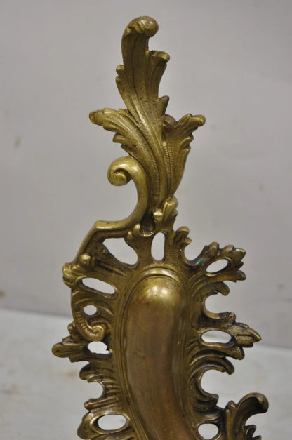Vintage French Rococo Bronze Acanthus Leafy Scroll Fireplace Andirons - a Pair