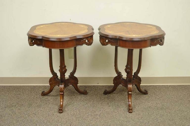 Pair Antique French Louis XV Style Floral Satinwood Inlay Walnut Lamp End Tables