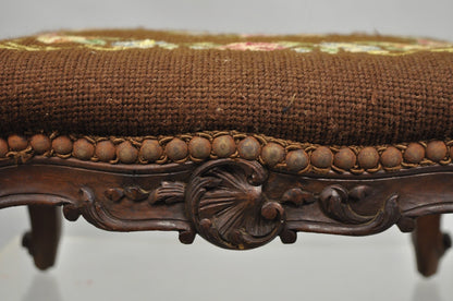 French Country Louis XV Carved Walnut Needlepoint Petite Footstool Ottoman