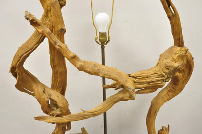 Vintage Mid Century Modern Large Driftwood Floor Lamp Kidney Glass Side Table