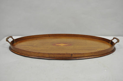 Antique English Edwardian Oval Mahogany Butlers Bar Serving Tray with Urn Inlay