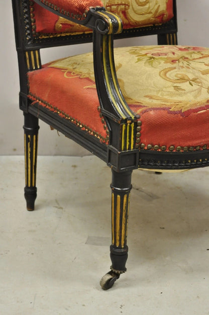 Antique French Empire Black Ebonized Walnut Needlepoint Parlor Arm Chair