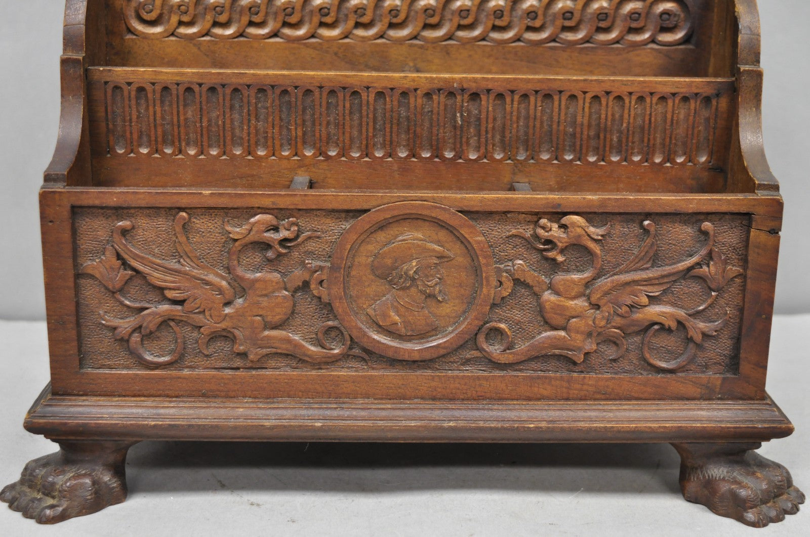 Antique Italian Renaissance Figural Carved Walnut Paw Foot Desk Letterbox